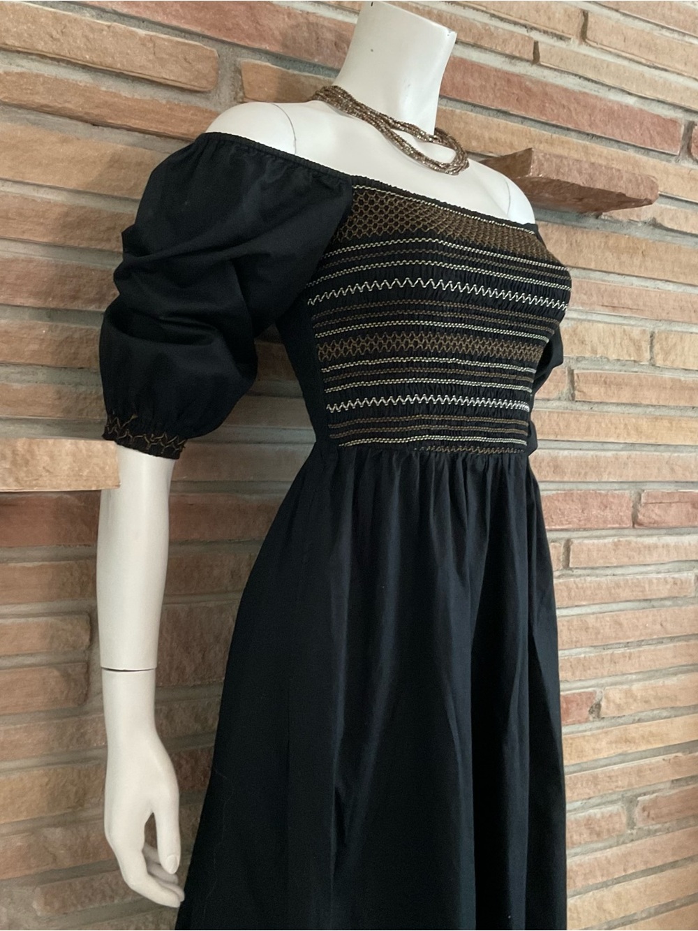 Smocked Black Cotton Peasant Midi Dress Off Shoulder XS